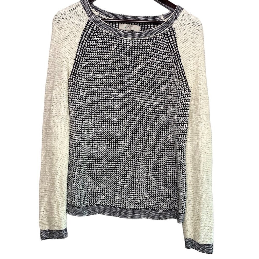 Ann Taylor LOFT Long Sleeve Waffle Block Crochet Pullover Sweater M Black White
